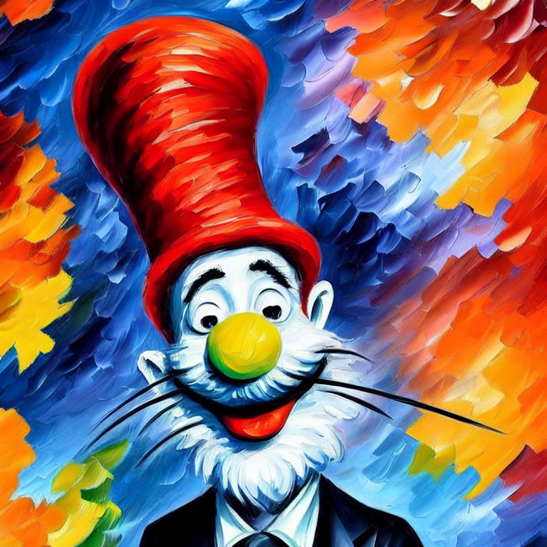 Whimsical character with red hat in colorful painting