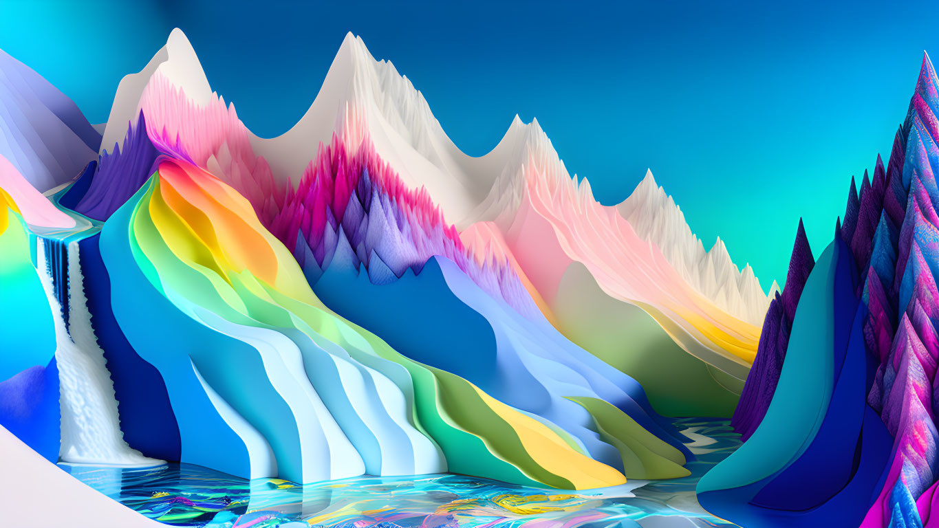 Colorful digital art: Mountain range reflection in water