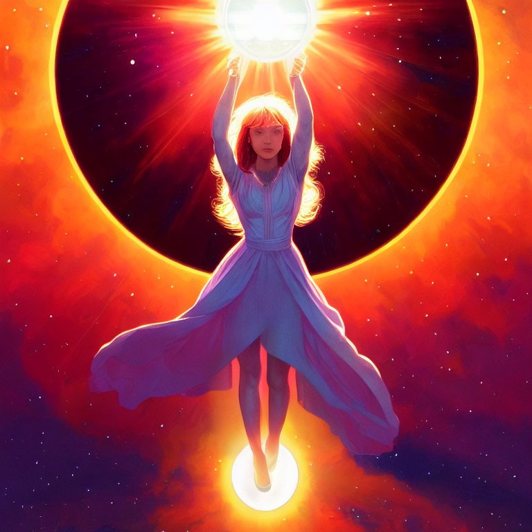 Mystical figure in flowing dress with glowing orb and cosmic backdrop