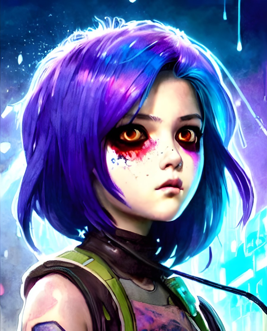 Stylized illustration of young girl with purple hair and red eyes on neon-lit blue background