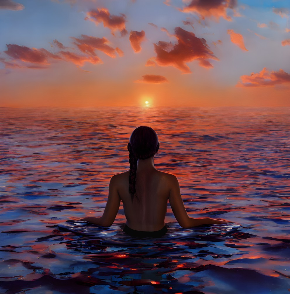Braided Ponytail Person Watching Sunset Over Calm Water