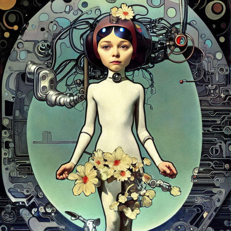 Illustration of child-like figure with robotic body and floral adornments