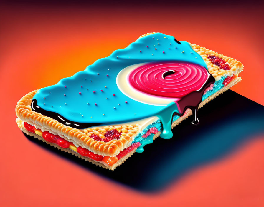 Vibrant blue and pink icing swirl tart on orange background