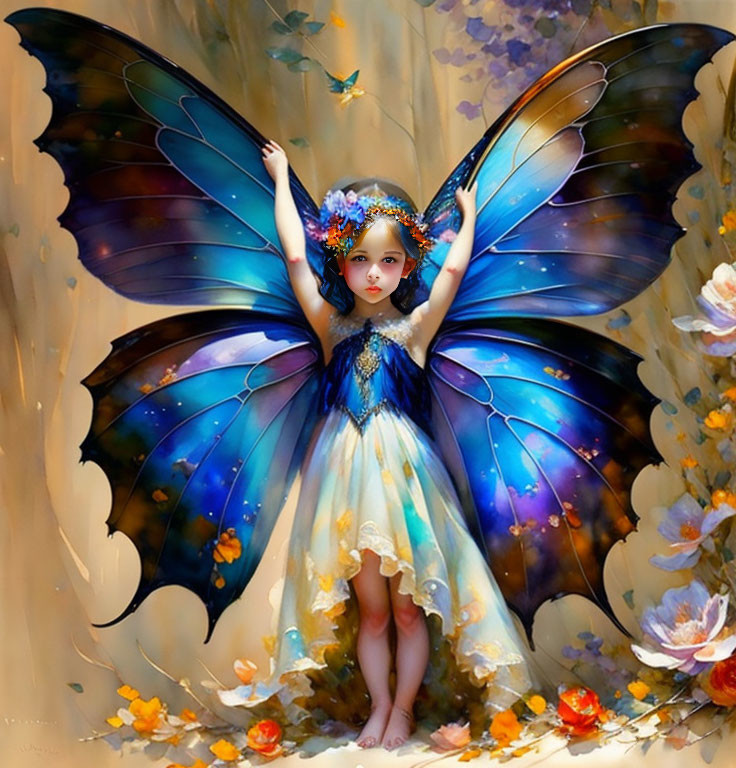 Child with blue butterfly wings surrounded by flowers and butterflies