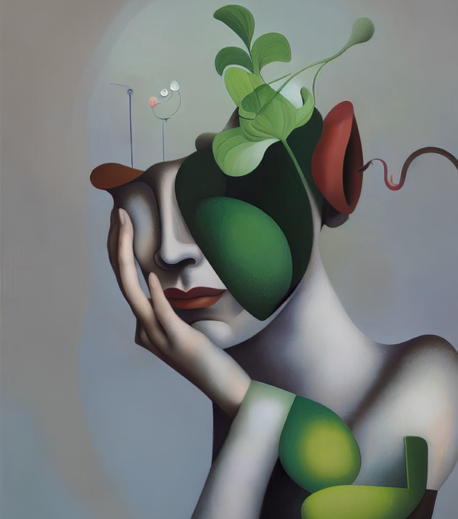 Surreal humanoid figure with plant-like features and abstract facial shapes on neutral background
