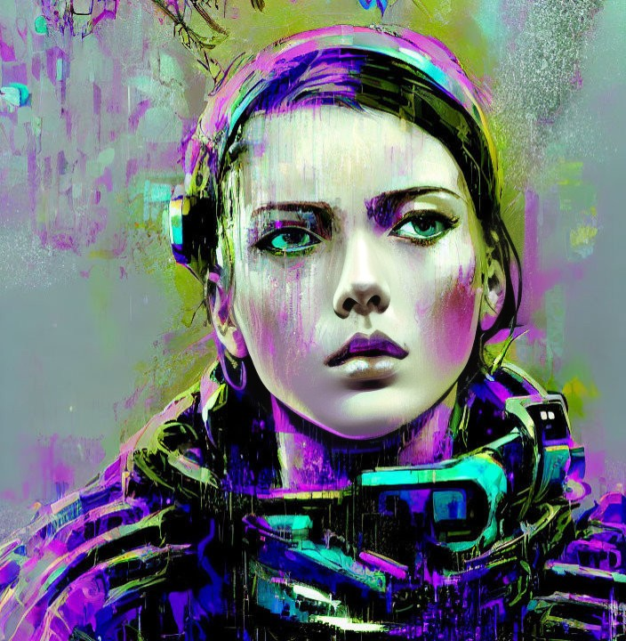 Colorful digital artwork of female figure in futuristic attire with headphones