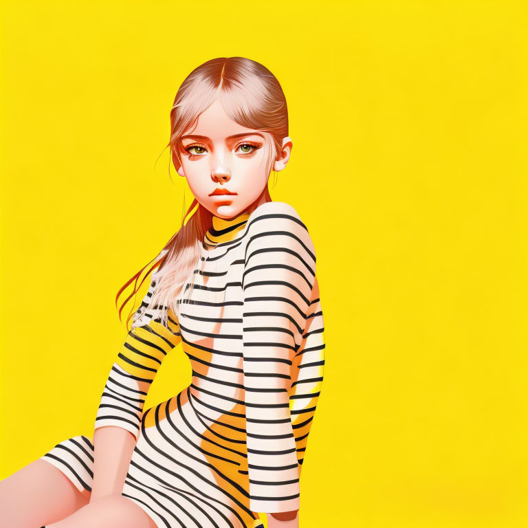Stylized digital artwork: girl with large eyes in striped dress on yellow background
