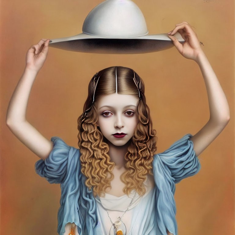 Pale-skinned girl with curly hair in surreal portrait wearing wide-brimmed hat and vintage pendant.