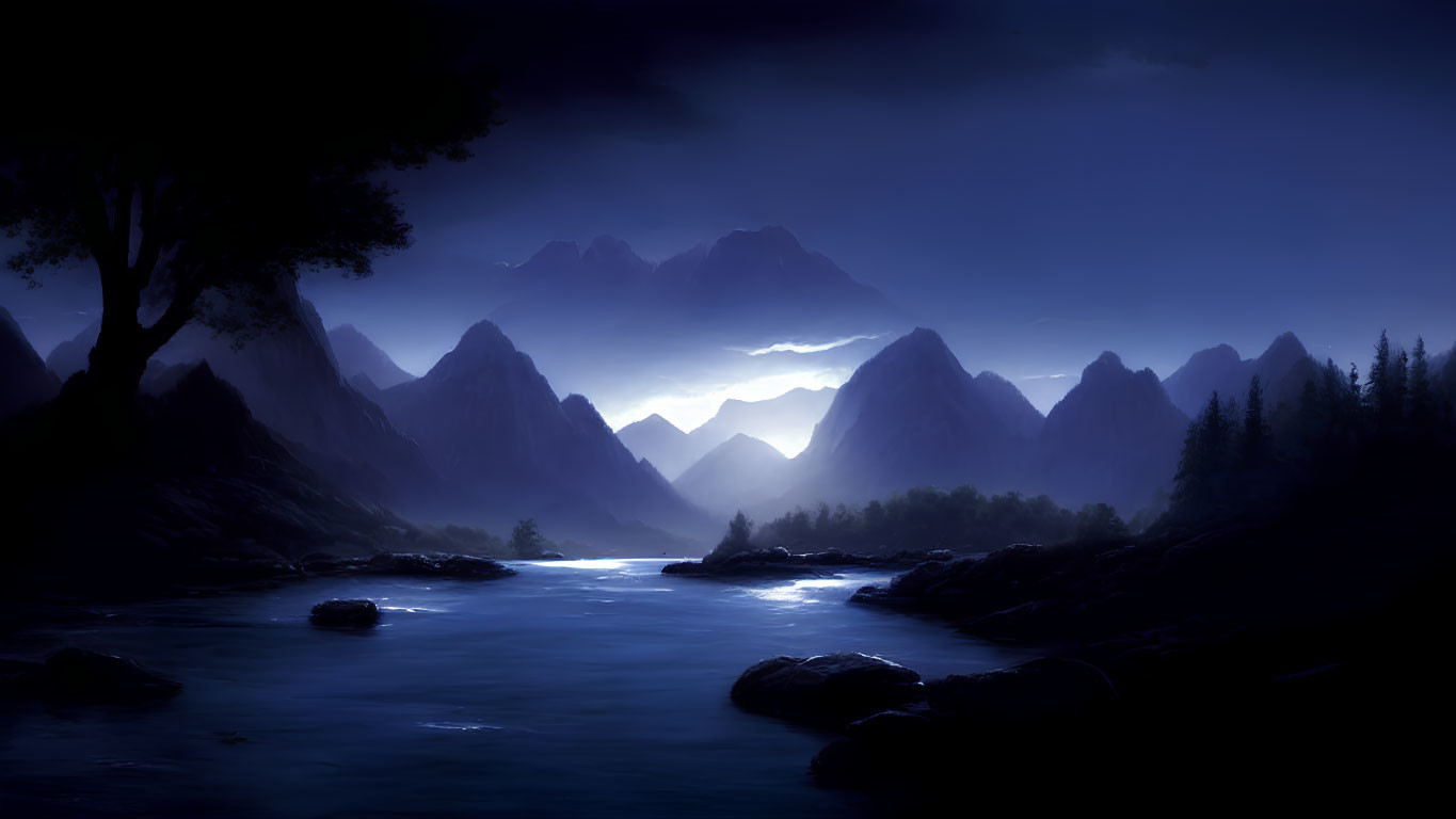 Moonlit night landscape with mountains, river, and trees