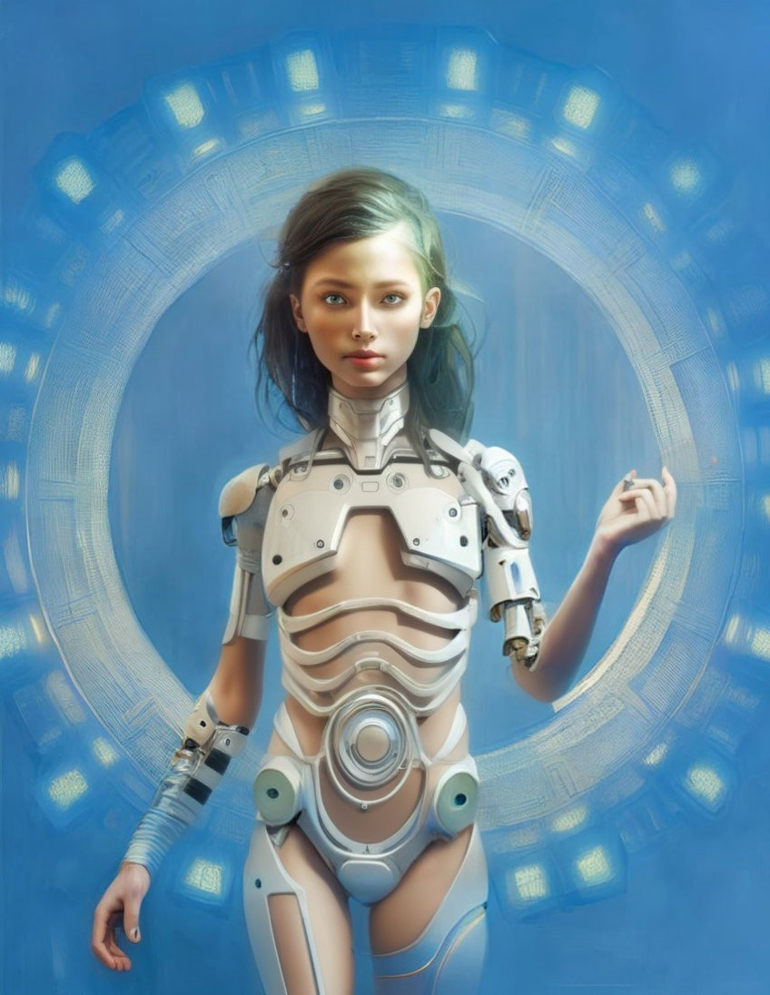 Female Android with Human-like Face and Mechanical Limbs in Futuristic Armor on Sci-fi Background