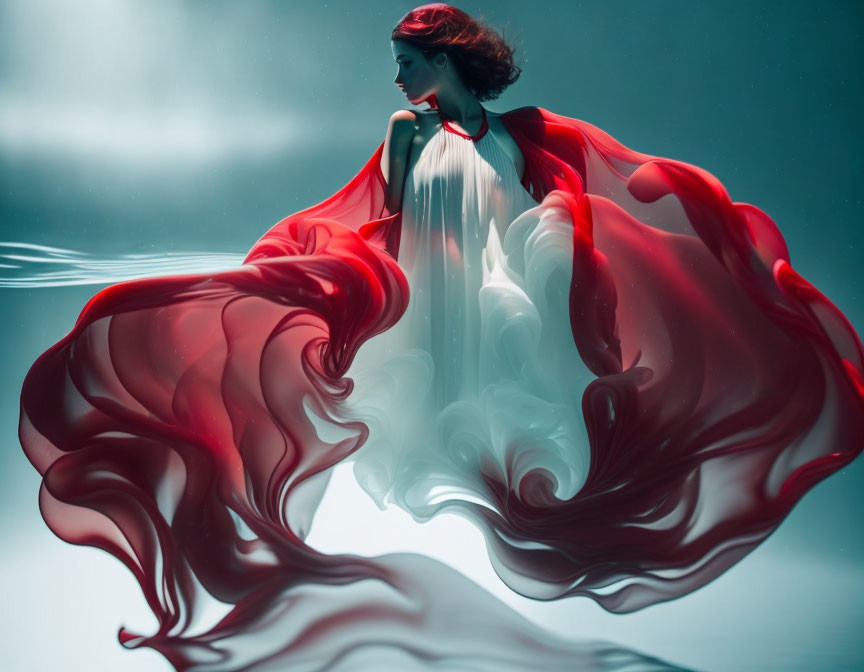 Woman in Red and White Dress Submerged in Water