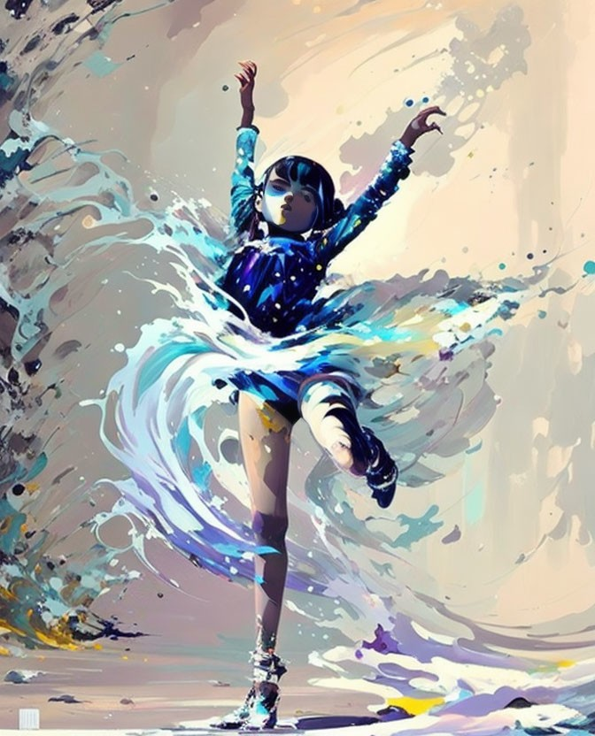 Vibrant painting of a dancing girl with swirling skirt in blue, tan, and white palette