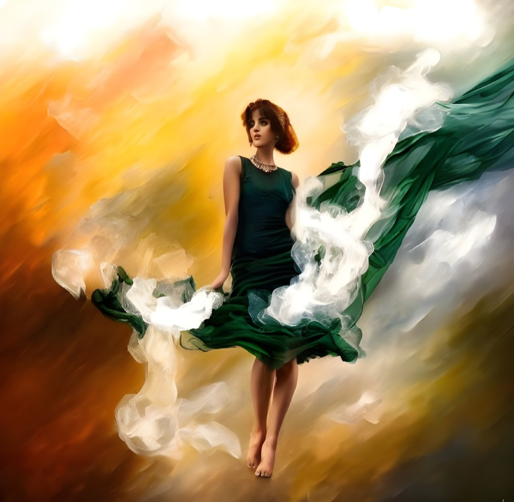 Levitating woman in green dress with flowing fabric on warm, abstract background