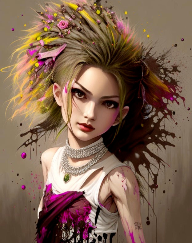 Vibrant digital portrait of a woman with explosive floral hair and dynamic purple-pink paint splatters