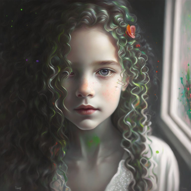 Curly-Haired Girl with Flower Gazing Out Window