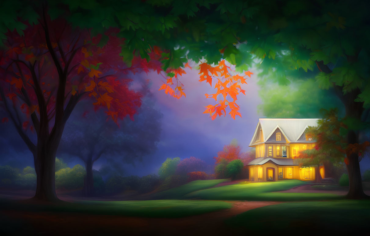 Autumn Trees Surround Cozy Illuminated House at Twilight