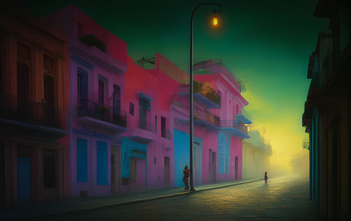 Vibrant dusk street scene with pastel buildings, lone figure, and glowing streetlamp