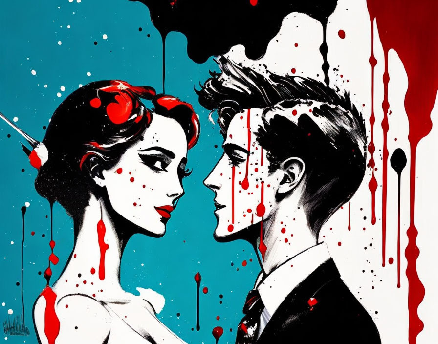 Stylized portrait of man and woman in profile with red, black, and white splashes on