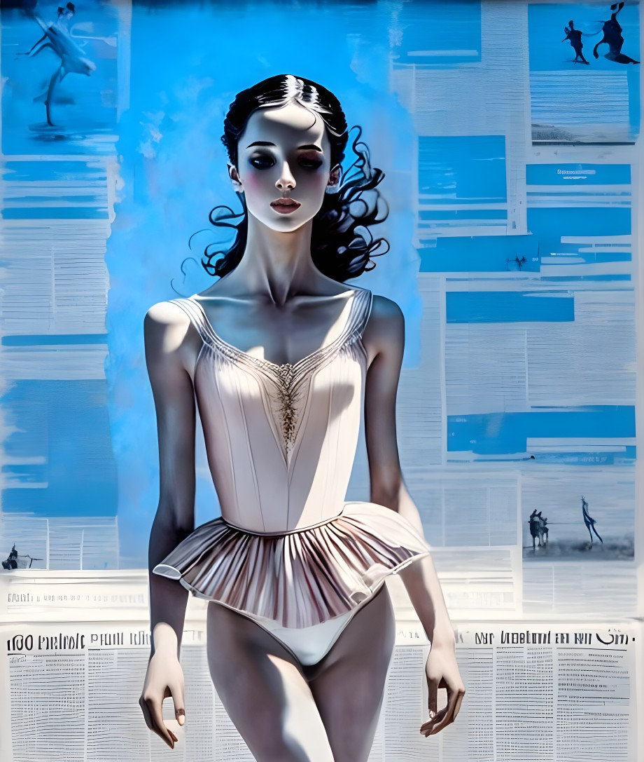 Stylized illustration of woman in cream corset on blue-tinted backdrop