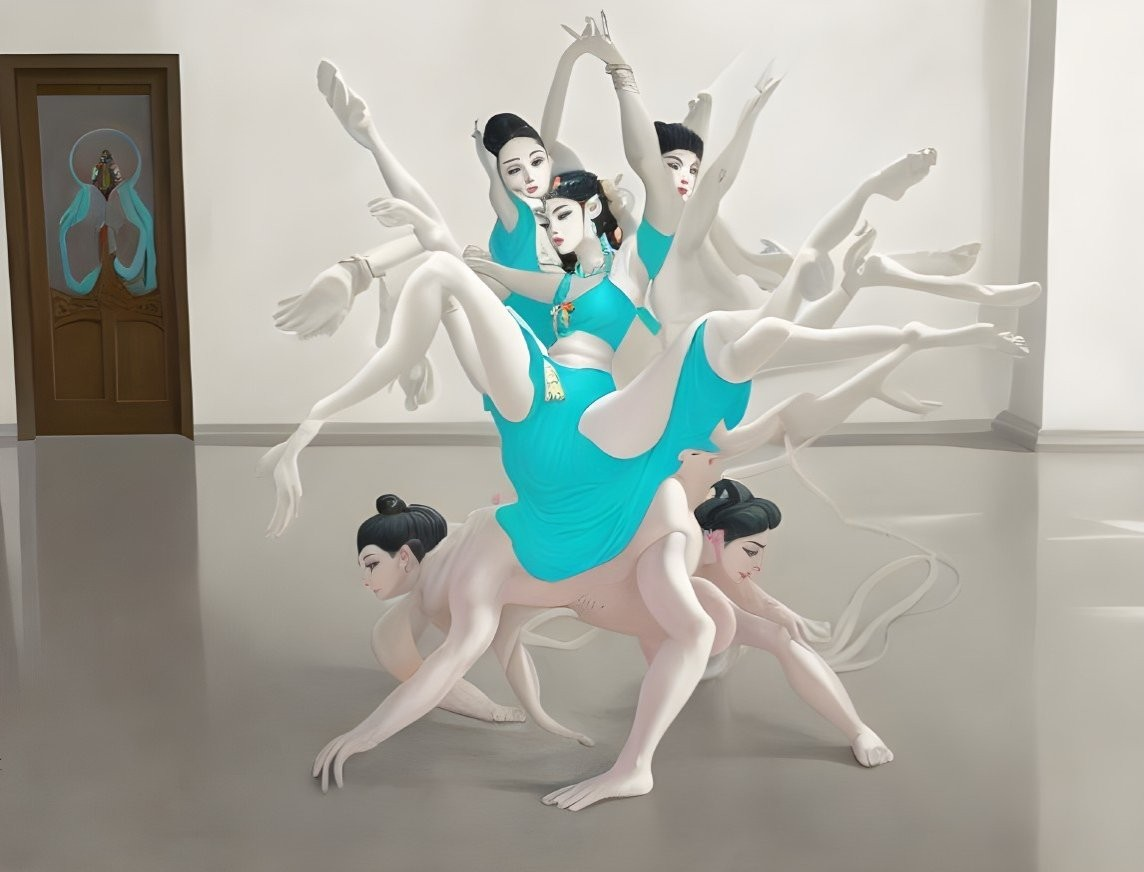 Surreal painting of multi-armed woman in blue dress dancing with mirror-like reflections