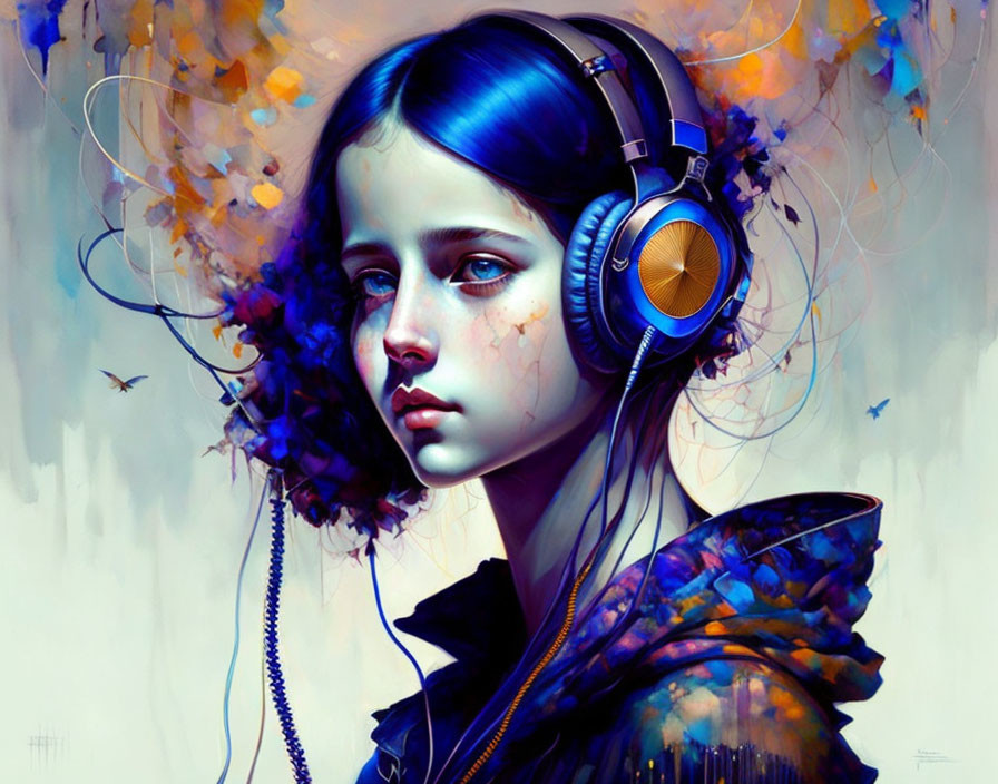 Digital Artwork: Young Woman with Blue Hair and Gold Headphones in Colorful Nature Scene