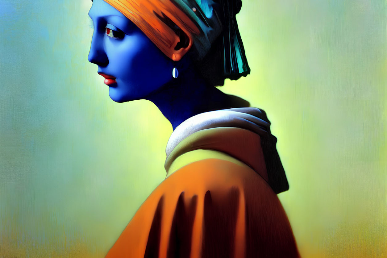 Vibrant modern reinterpretation of classic painting in blue, orange, and yellow
