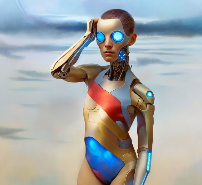 Realistic Female Android with Blue Glowing Eyes Saluting in Cloudy Sky