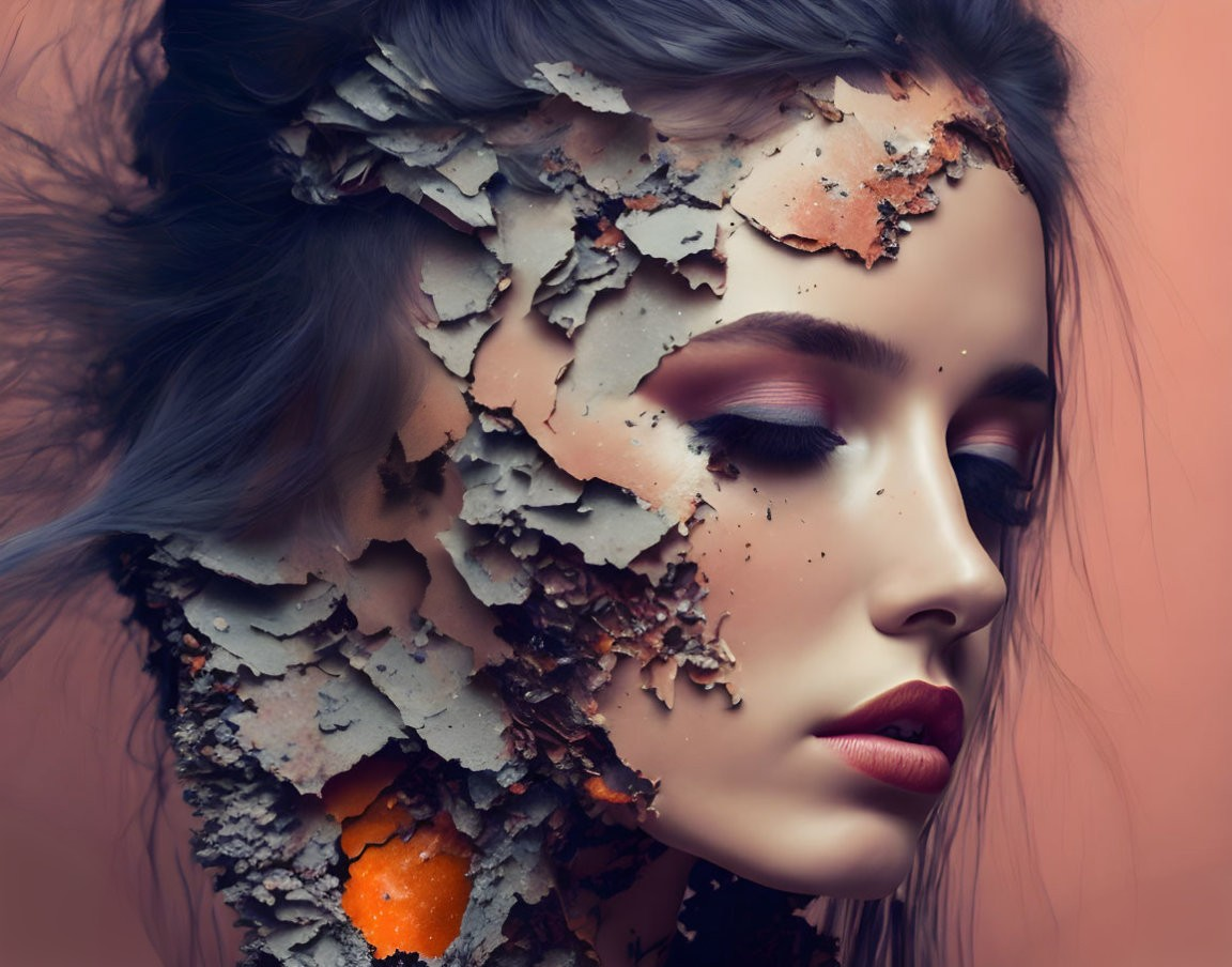 Digital artwork: Woman's face peeling like cracked paint, revealing orange hues