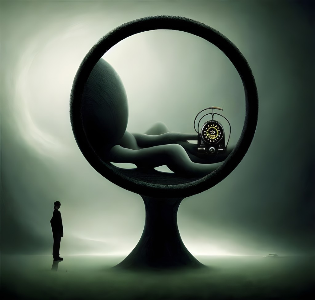 Surreal image of person and supine figure with clock in circular frame