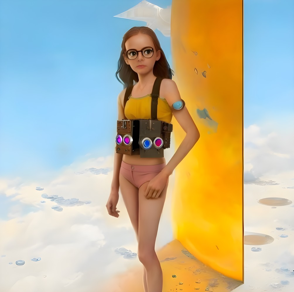 Young woman in glasses with adventure gear near golden structure