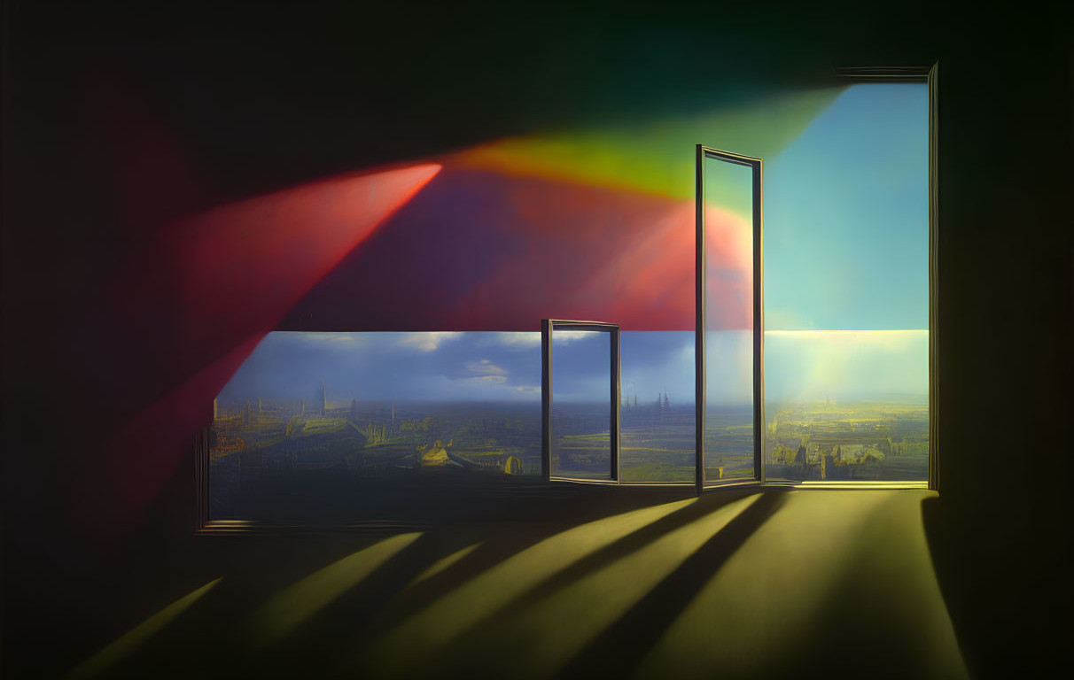 Surreal painting of open door with rainbow shadows in cityscape room