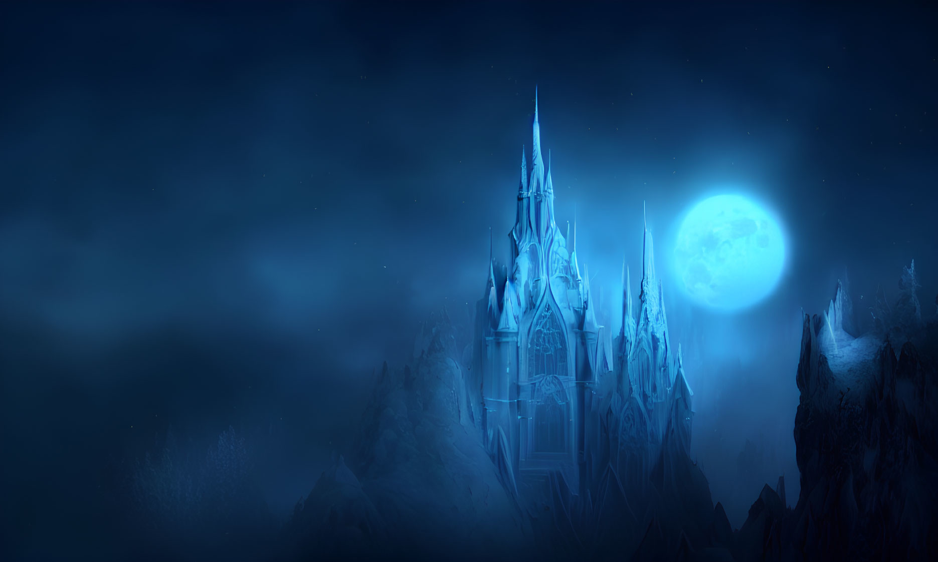 Enchanting ice castle under full moon in misty rocky setting
