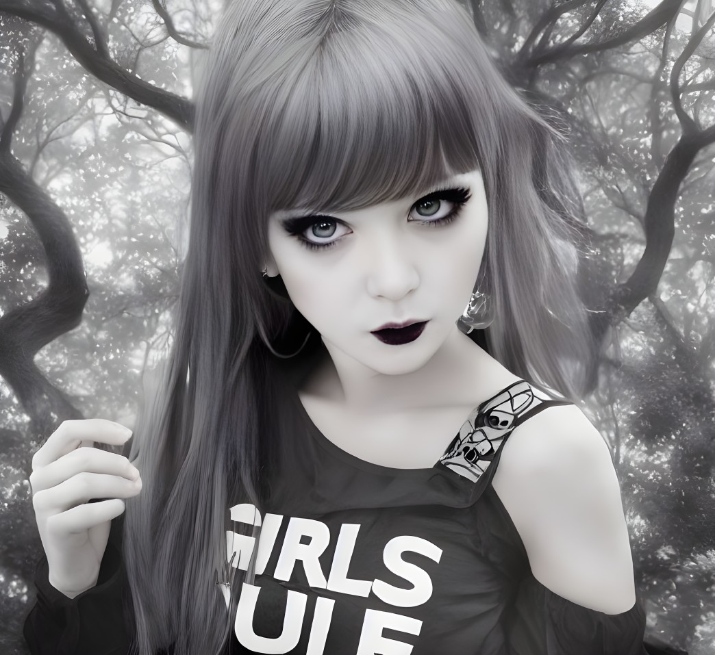Monochrome portrait with bold eye makeup and "GIRLS RULE" shirt in misty forest