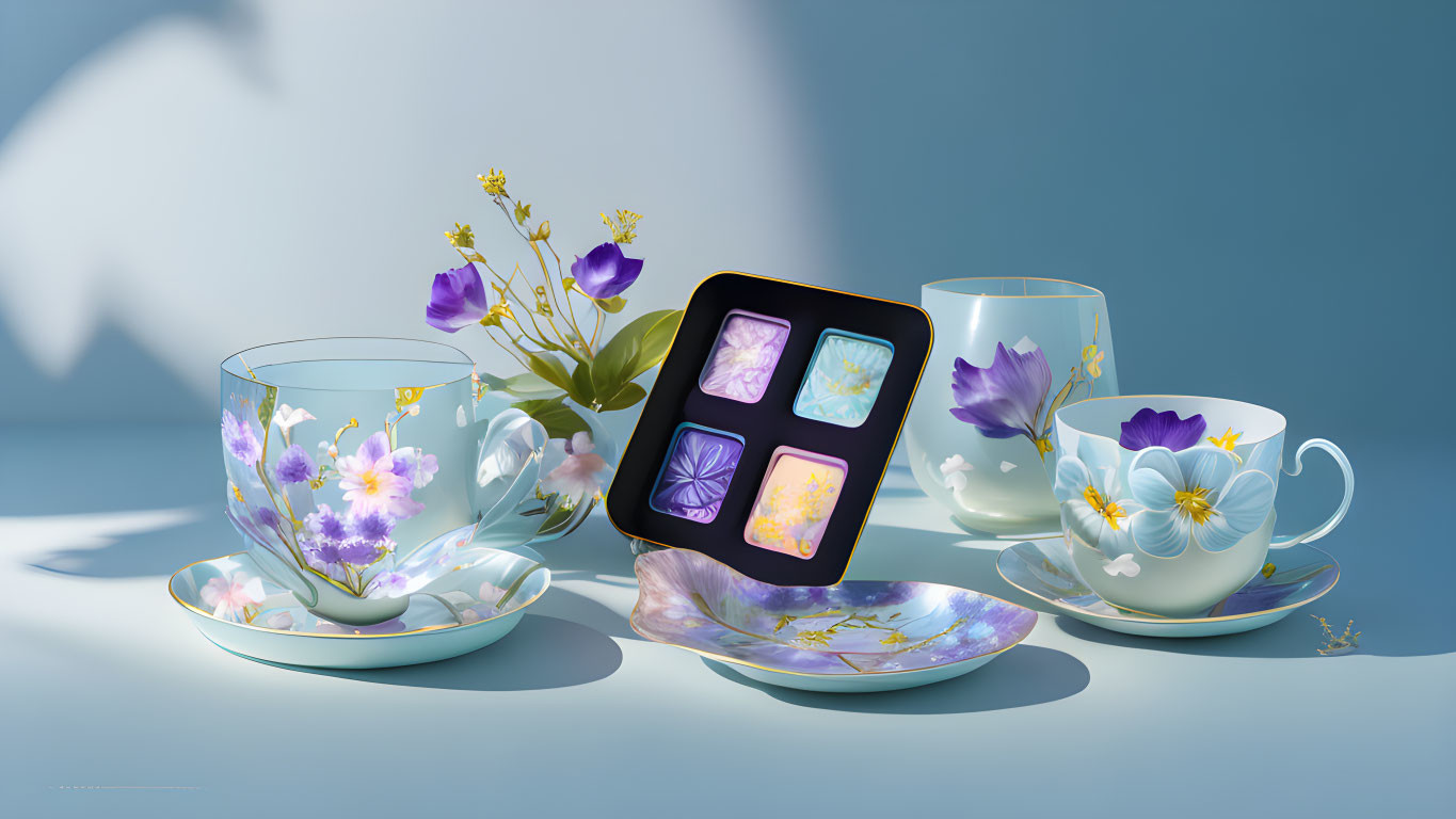 Three elegant floral teacups and saucers with digital frame in serene setting