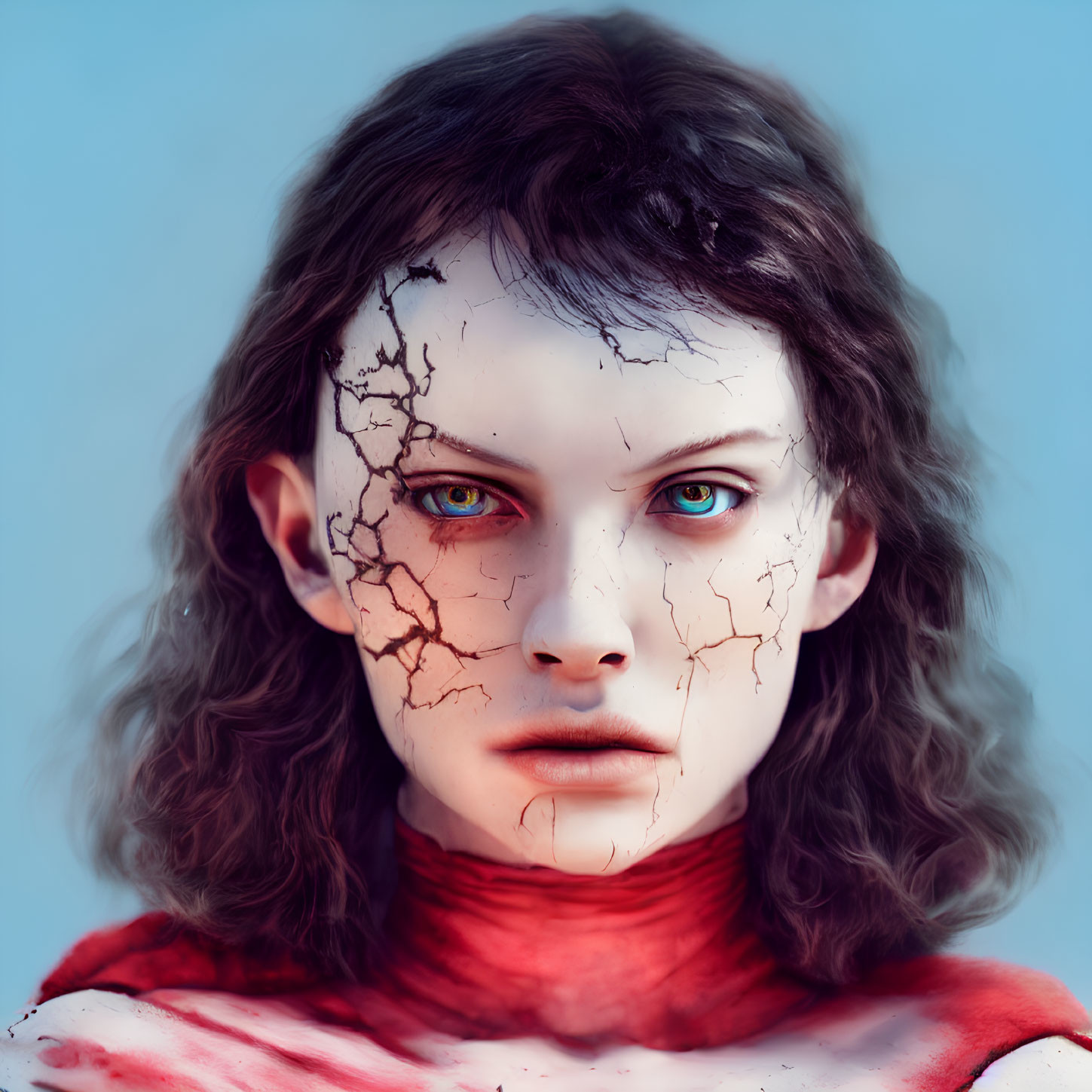 Person with cracked porcelain skin and blue eyes in red clothing on blue background