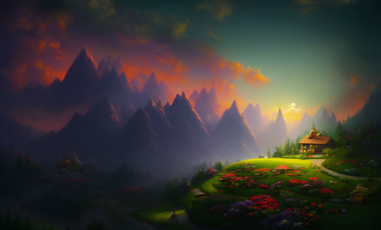 Tranquil sunset valley with cottage, gardens, and mountain peaks