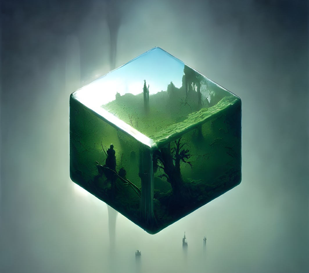 Surreal green cube terrarium with encapsulated forest in misty light
