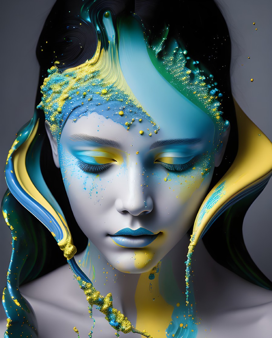 Figure with Blue and Gold Paint in Surreal Portrait