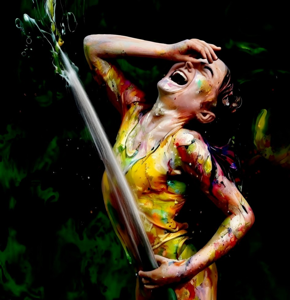 Colorfully painted person laughing in water splash scene