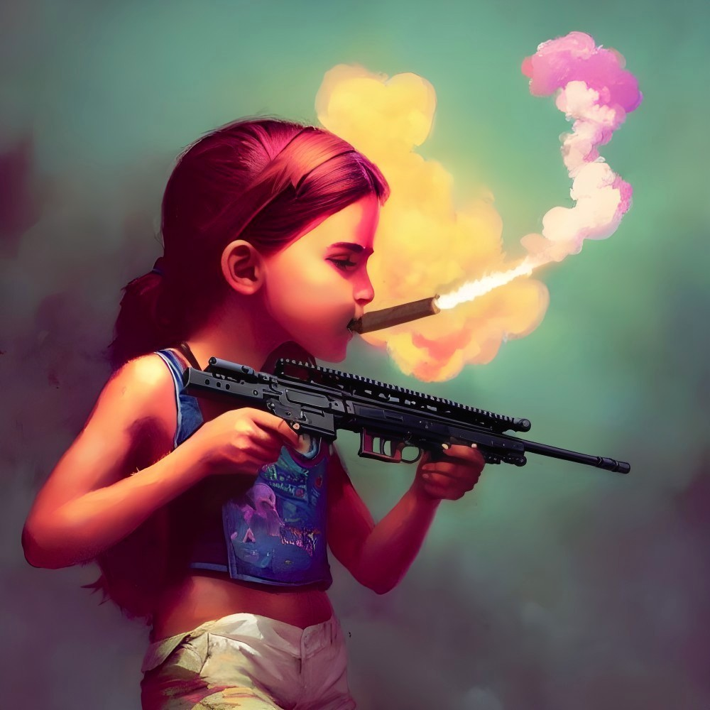 Colorful Smoke Plume Young Girl with Stylized Rifle Artwork