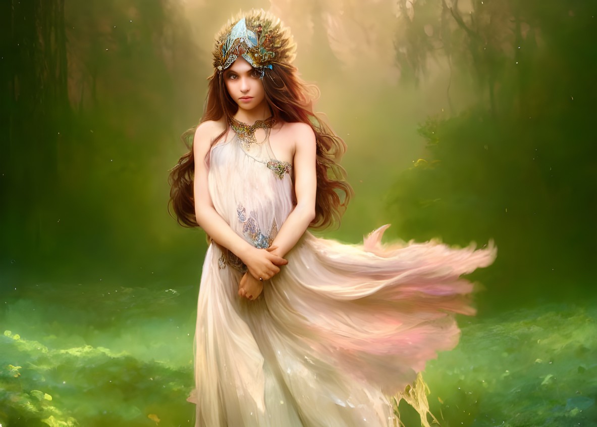 Mystical female figure with long brown hair in ornate headdress and cream dress in forest clearing