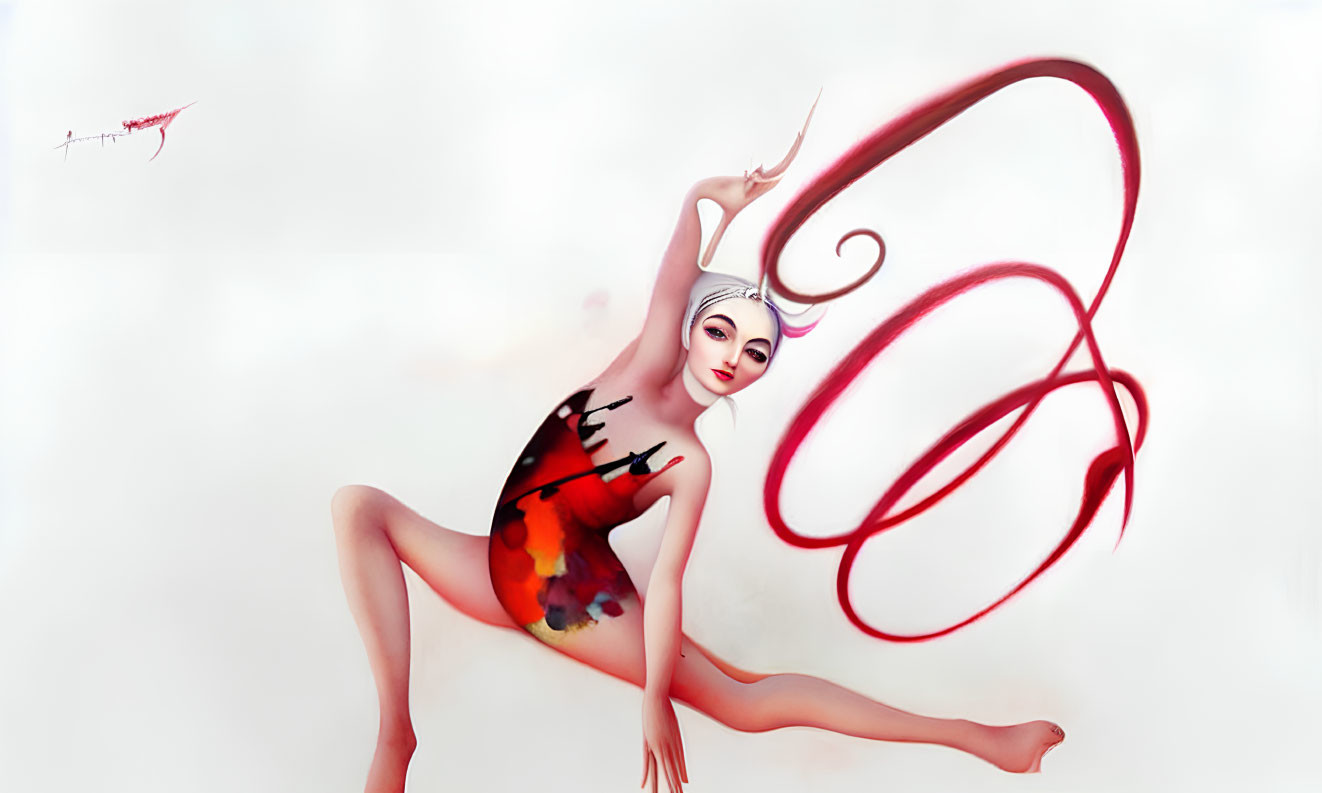 Whimsical female figure in expressive dance with red ribbons
