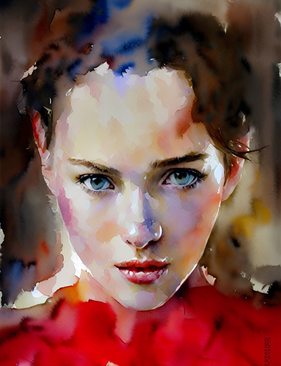 Watercolor painting of woman with intense gaze and blue eyes in red garment