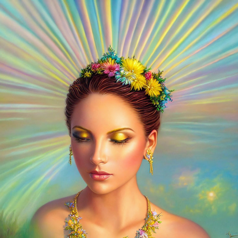 Colorful Portrait of Woman with Flower Crown and Radiant Beams