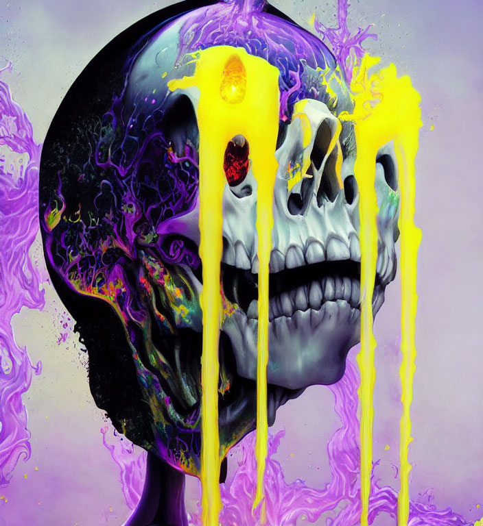 Skull painting with yellow and purple psychedelic drips