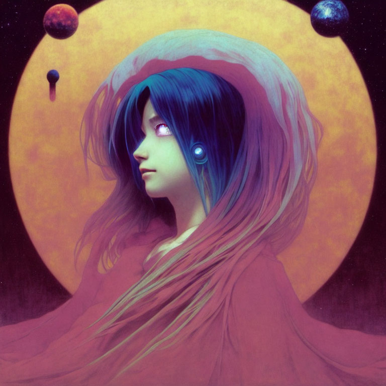 Blue-haired girl with planets in serene cosmic backdrop