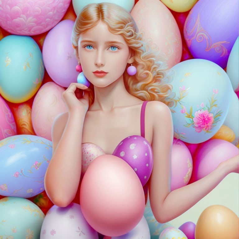 Blonde Woman Surrounded by Pastel Balloons and Floral Designs