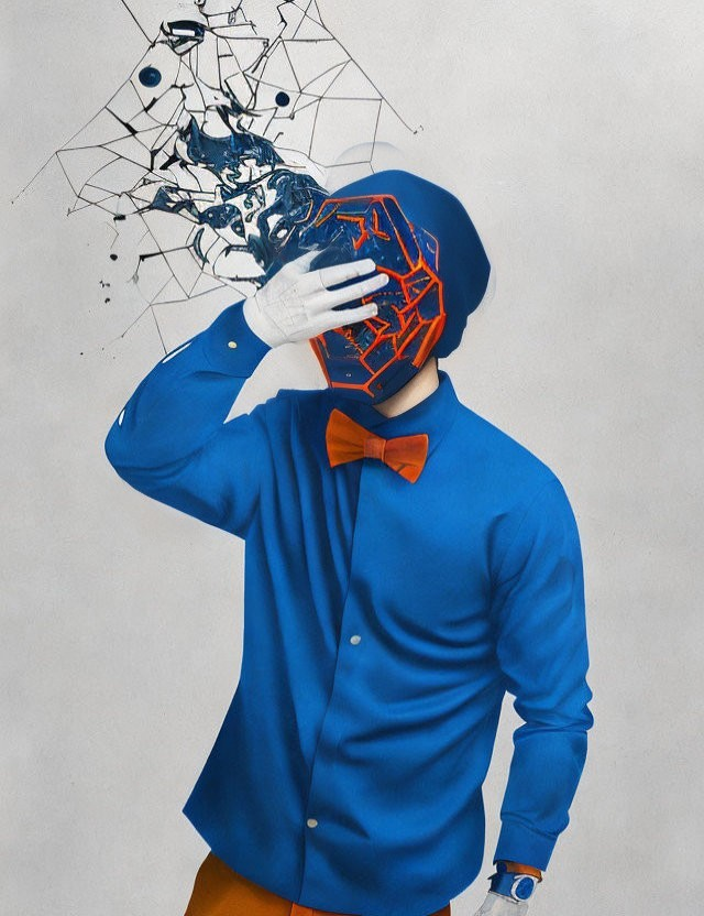 Geometric-patterned head disintegrating in blue suit and orange bow tie.