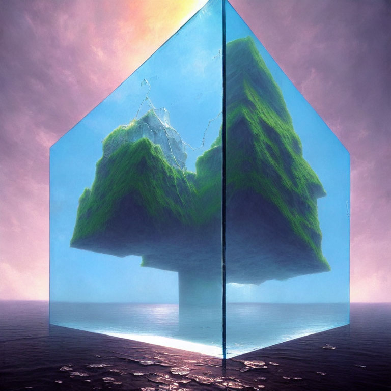 Inverted floating island in transparent cube over ocean under pink sky