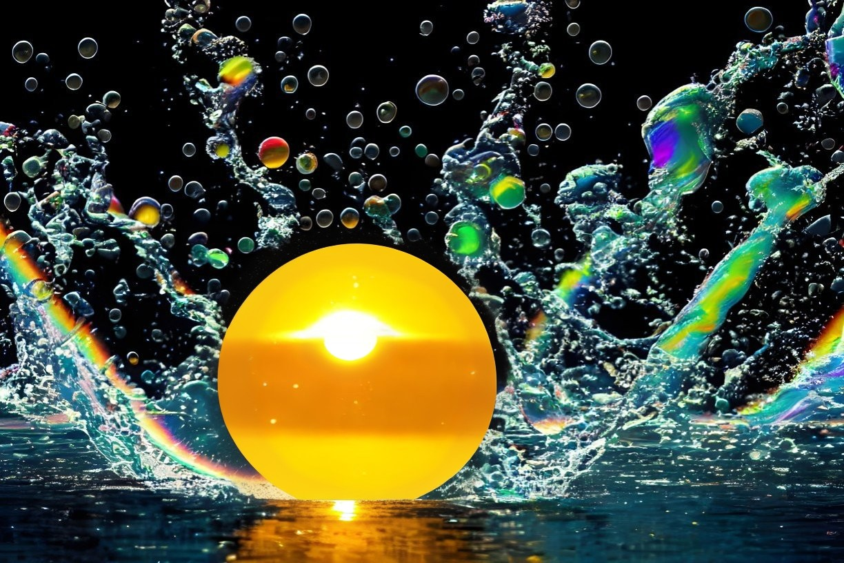 Colorful yellow sphere in sparkling water with multicolored droplets